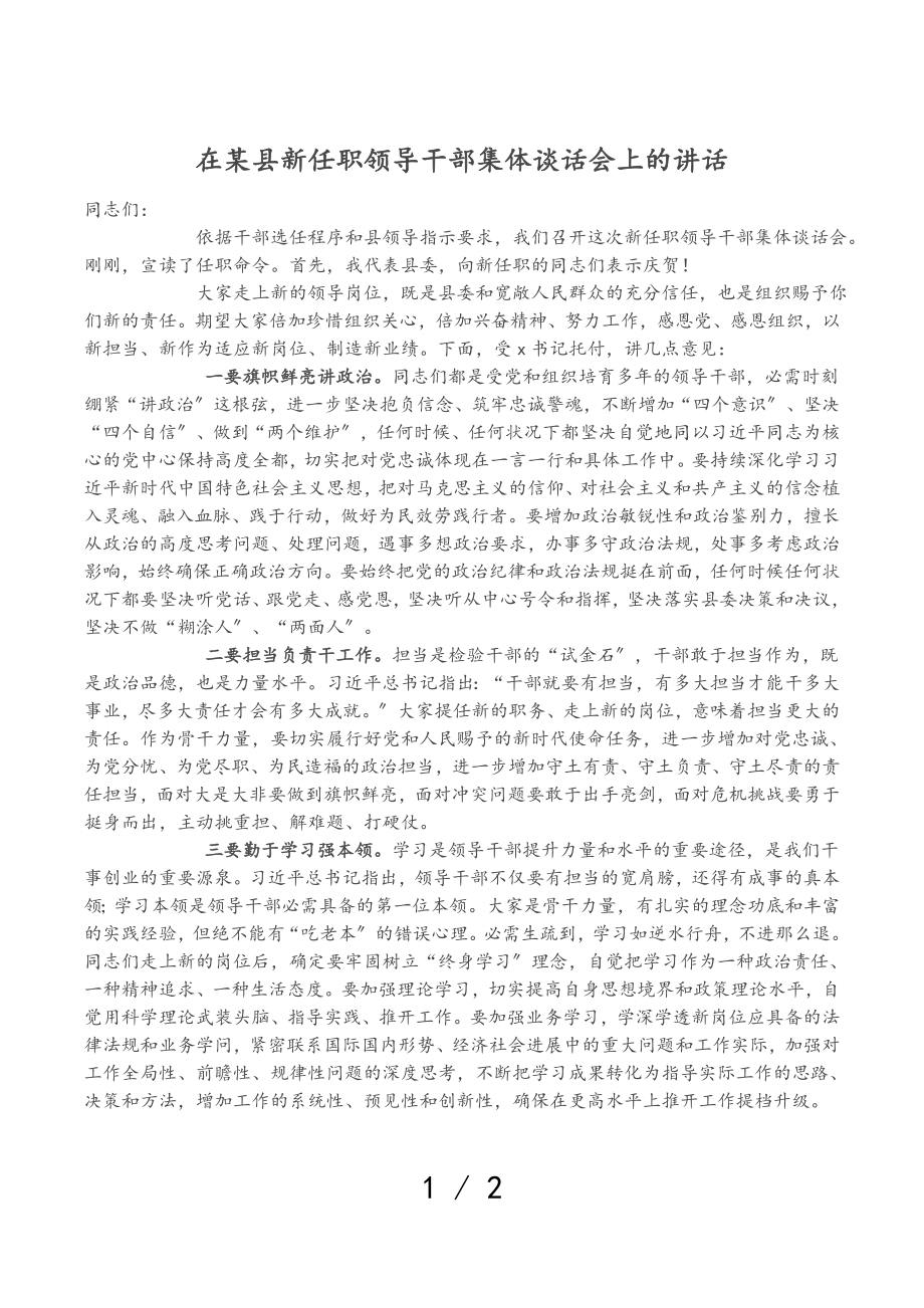 2023年在某县新任职领导干部集体谈话会上的讲话.doc_第1页