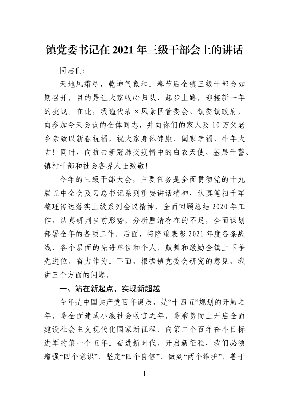 乡镇：镇党委书记在2021年三级干部会上的讲话.docx_第1页