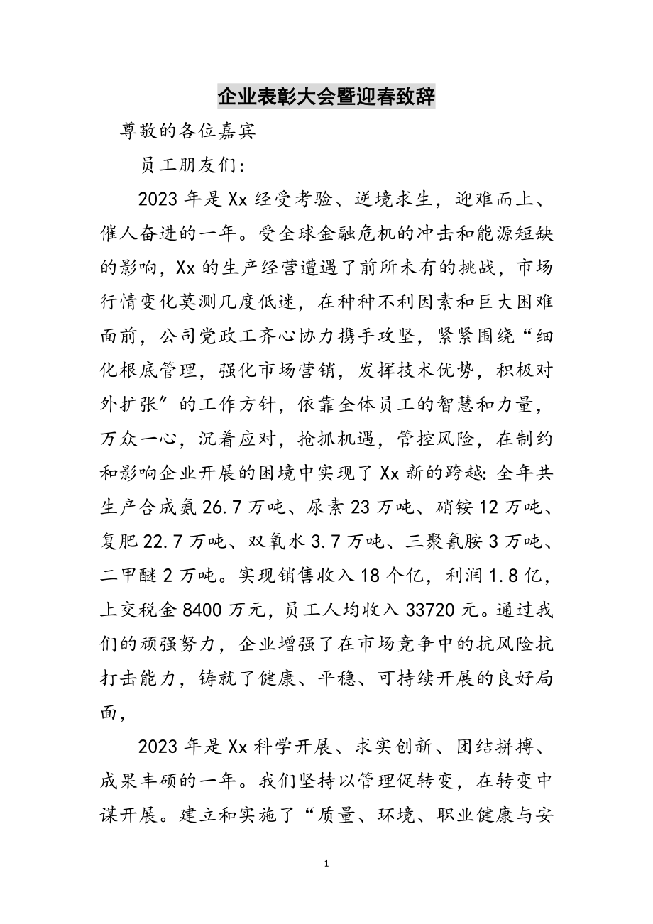 2023年企业表彰大会暨迎春致辞范文.doc_第1页