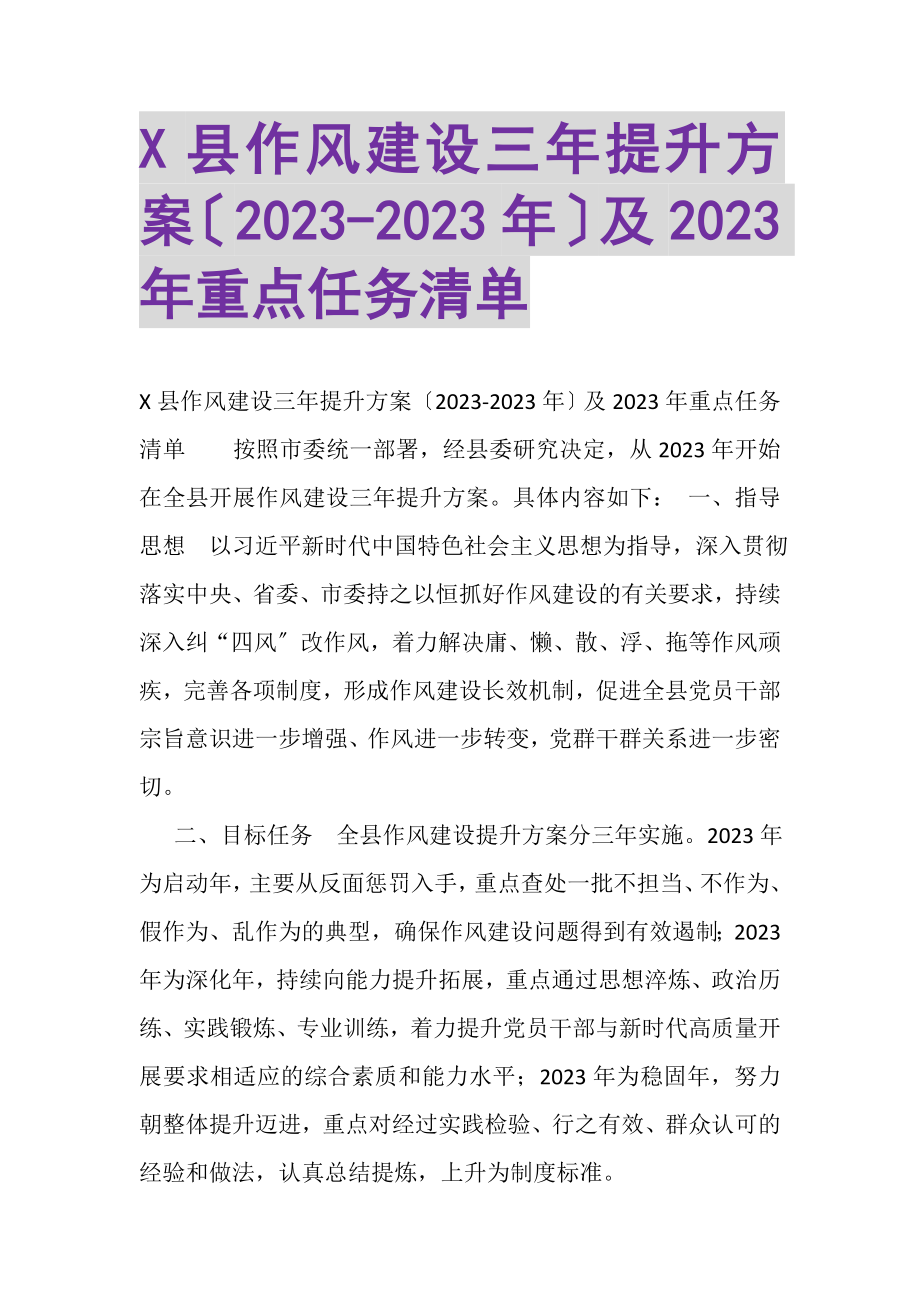 2023年X县作风建设三年提升计划2022年及重点任务清单.doc_第1页