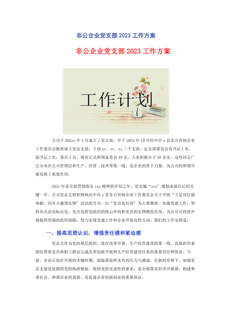 2023年非公企业党支部工作计划.docx_第1页