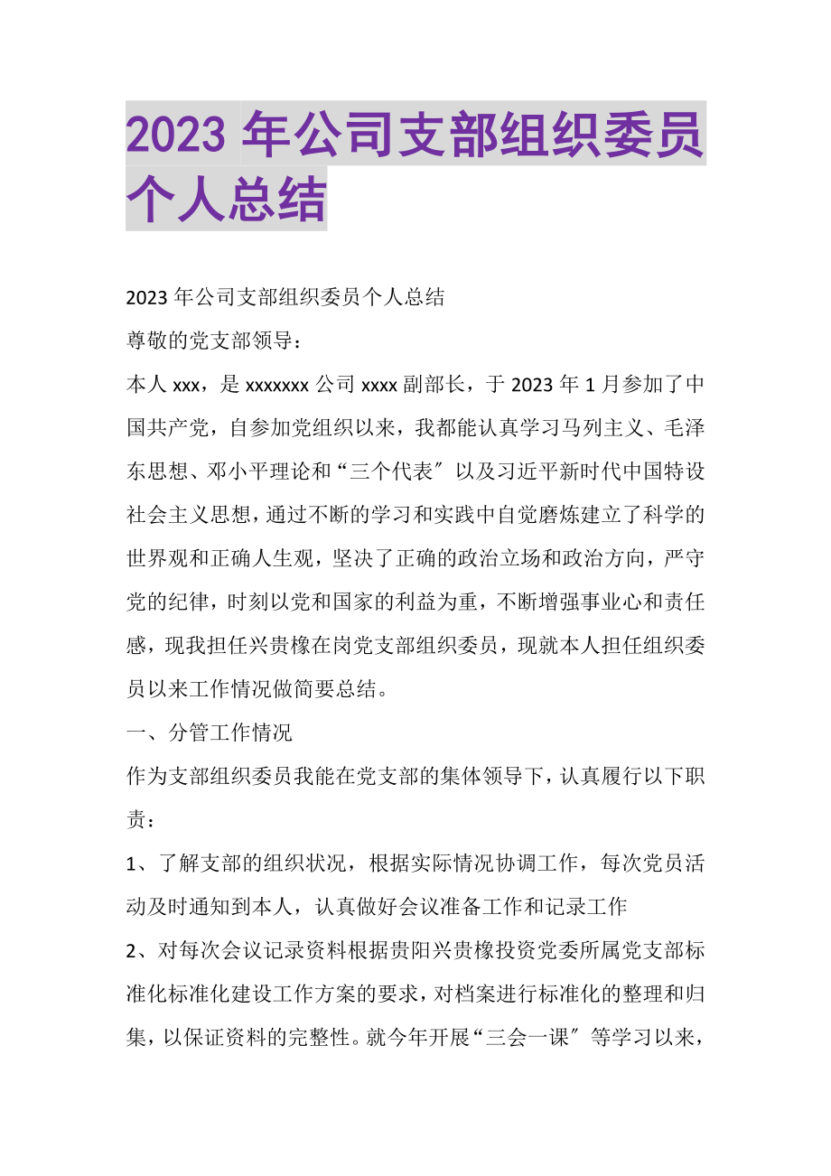 2023年公司支部组织委员个人总结.doc_第1页