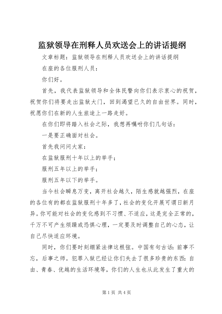 2023年监狱领导在刑释人员欢送会上的致辞提纲.docx_第1页