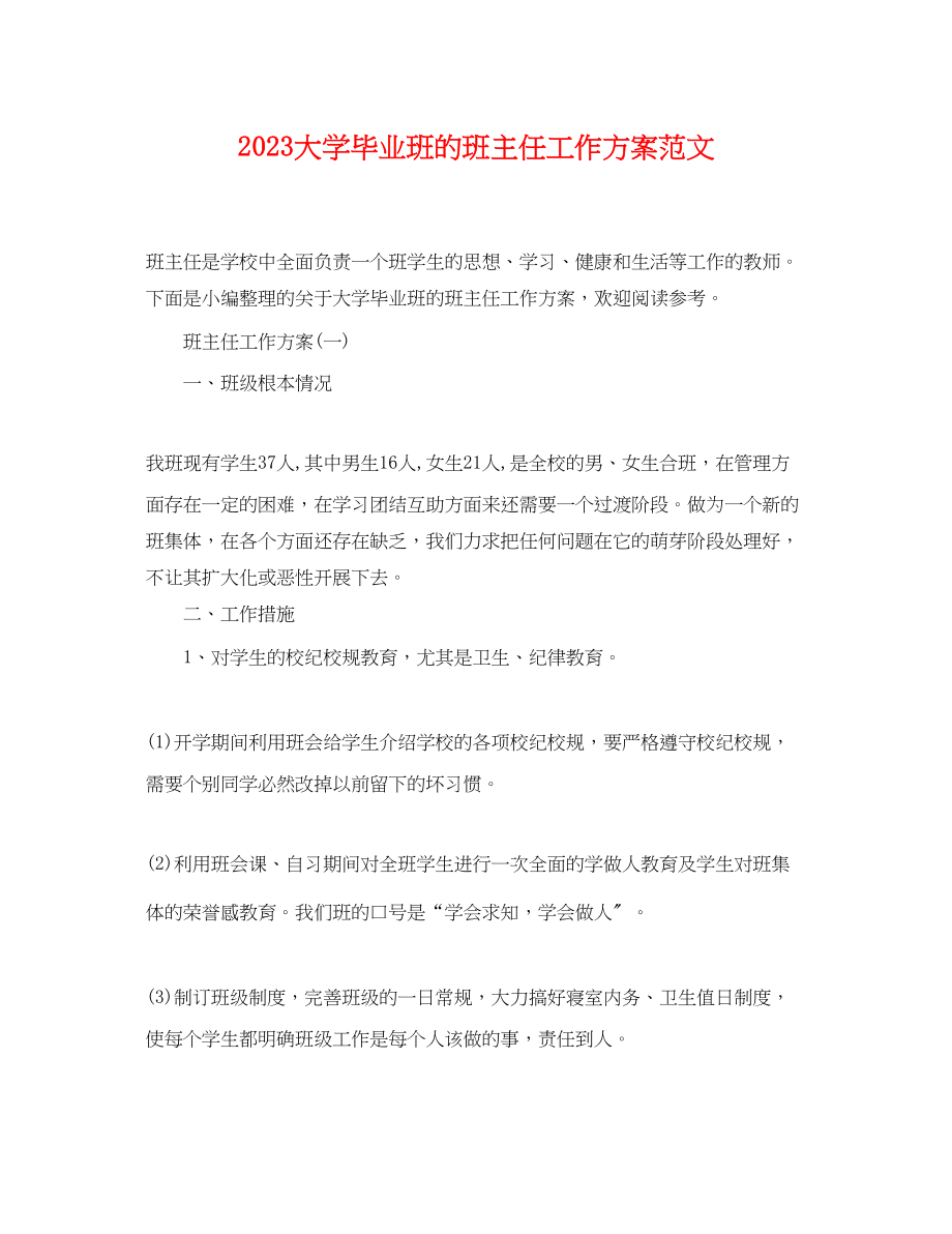 2023年大学毕业班的班主任工作计划.docx_第1页