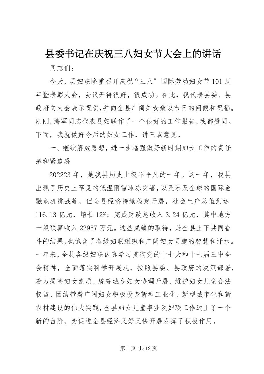 2023年县委书记在庆祝三八妇女节大会上的致辞.docx_第1页