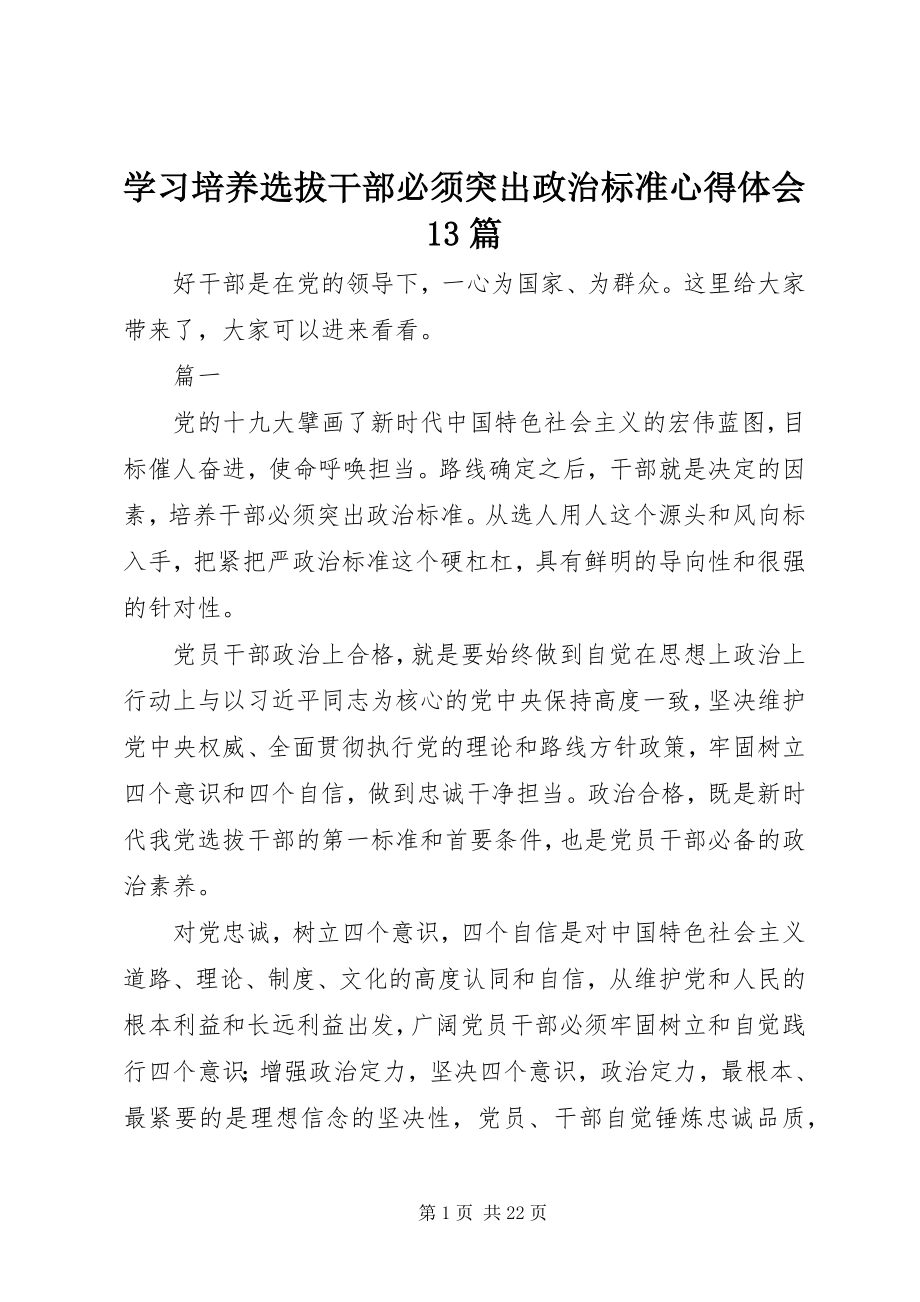 2023年学习《培养选拔干部必须突出政治标准》心得体会13篇.docx_第1页