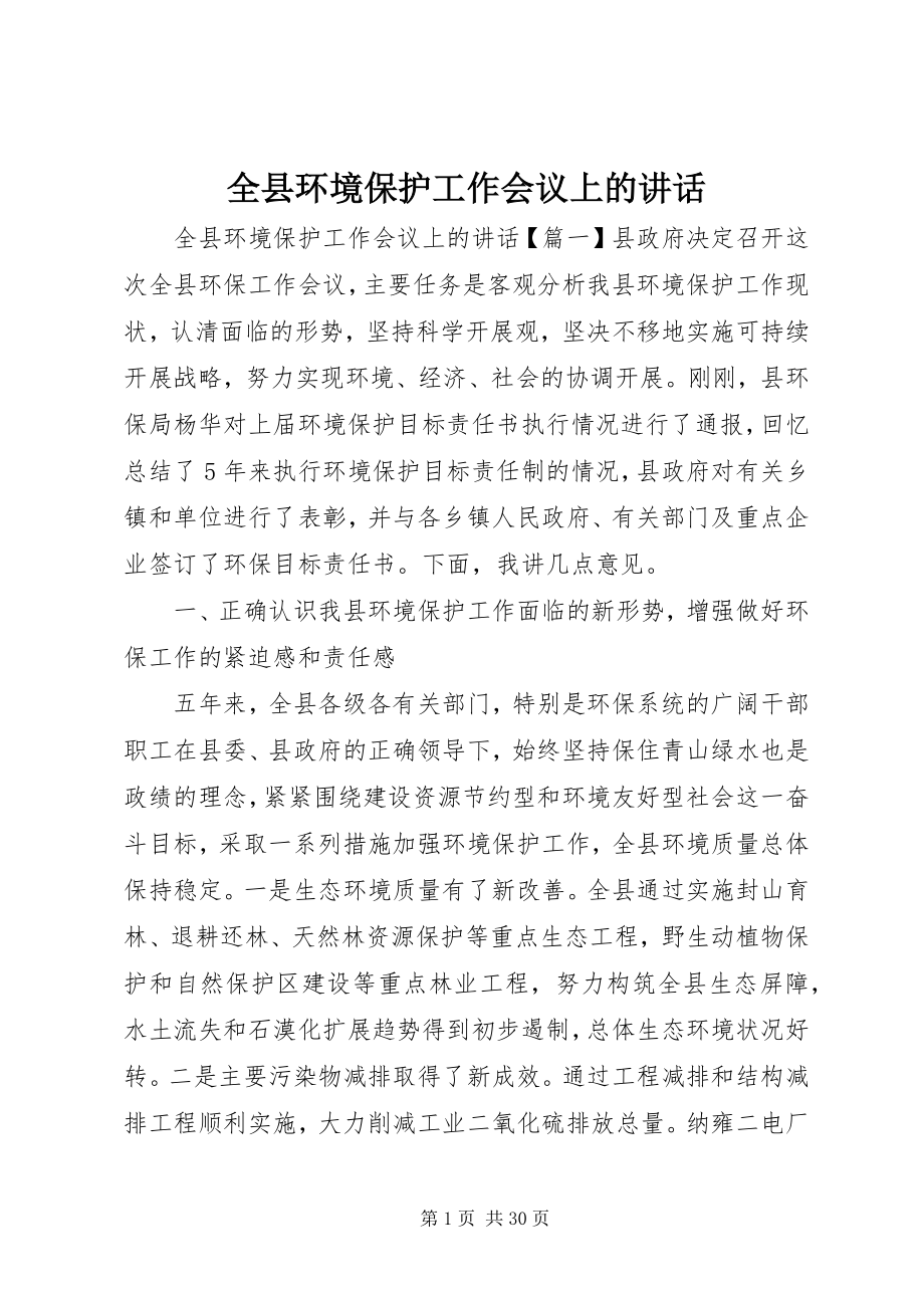 2023年全县环境保护工作会议上的致辞.docx_第1页