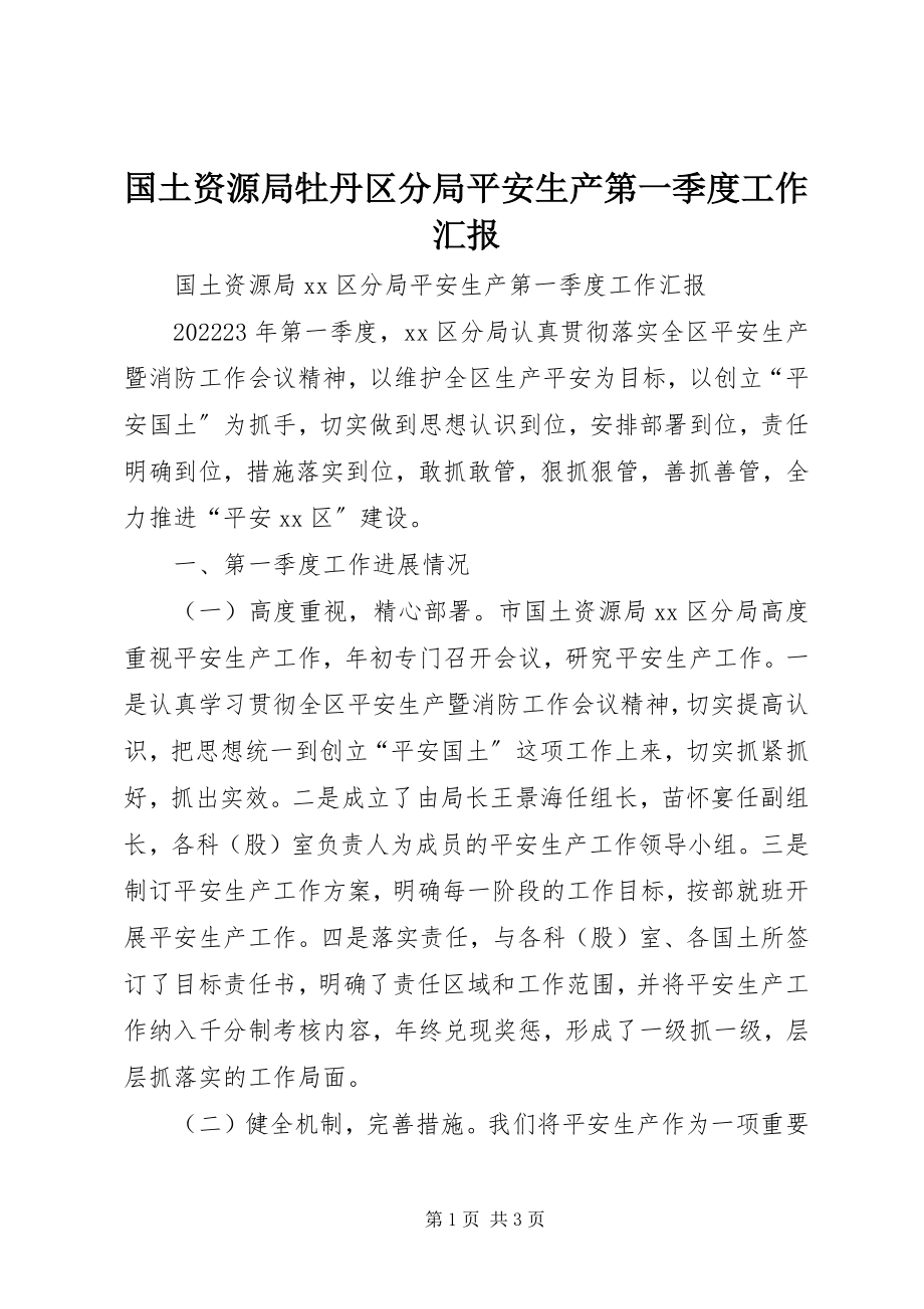 2023年国土资源局牡丹区分局安全生产第一季度工作汇报.docx_第1页