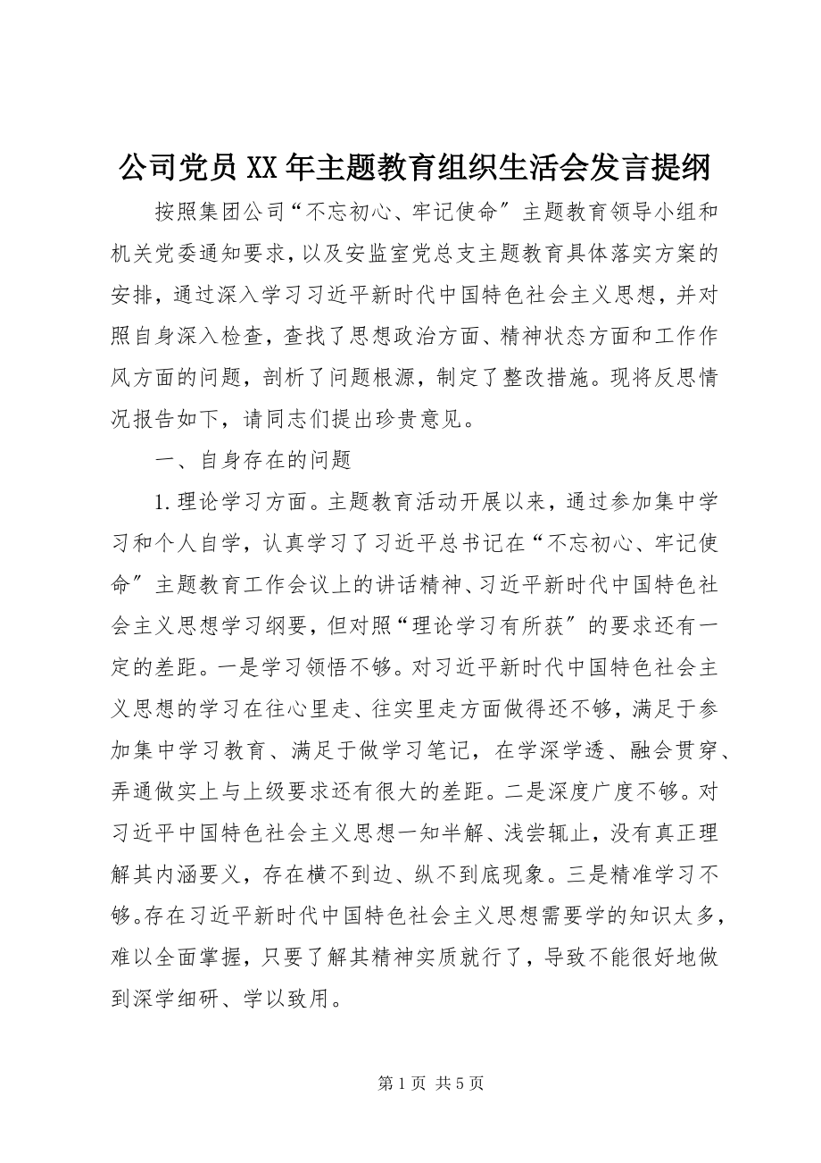 2023年公司党员某年主题教育组织生活会讲话提纲.docx_第1页