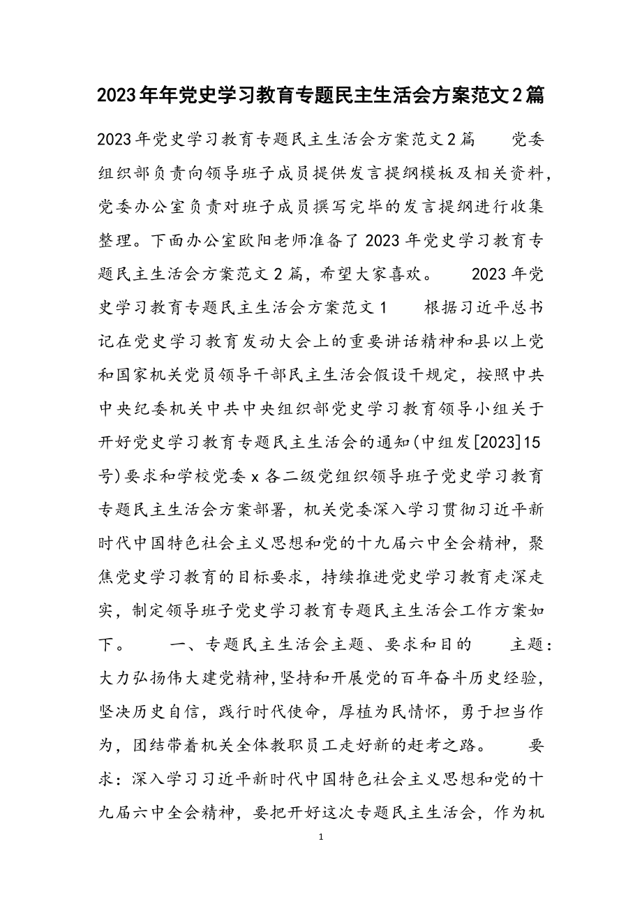 2023年党史学习教育专题民主生活会方案2篇.docx_第1页