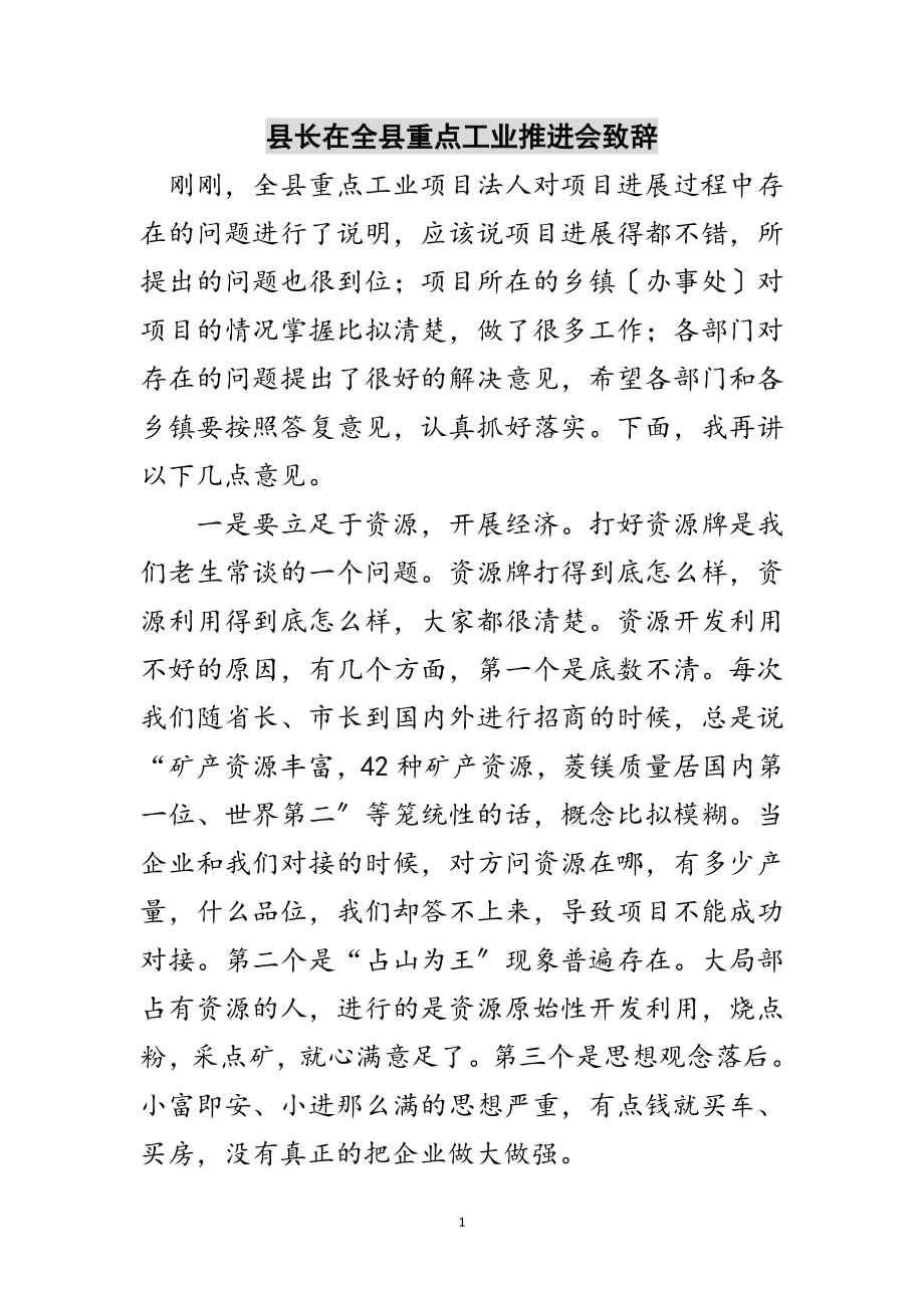 2023年县长在全县重点工业推进会致辞范文.doc_第1页