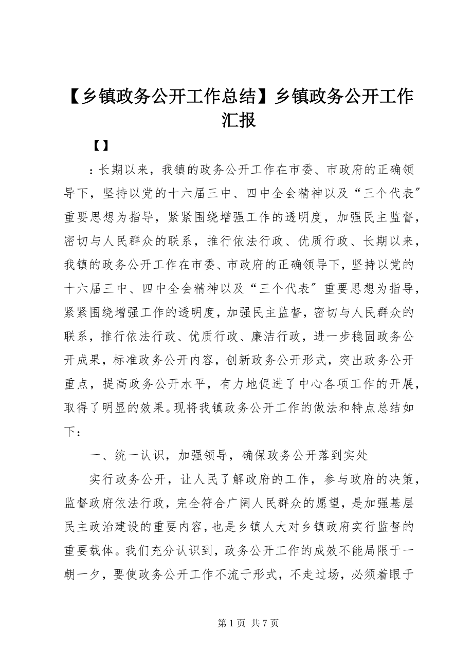 2023年乡镇政务公开工作总结乡镇政务公开工作汇报新编.docx_第1页