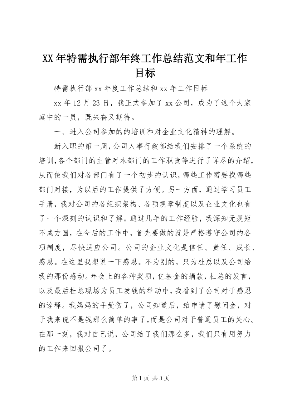 2023年特需执行部年终工作总结和年工作目标.docx_第1页