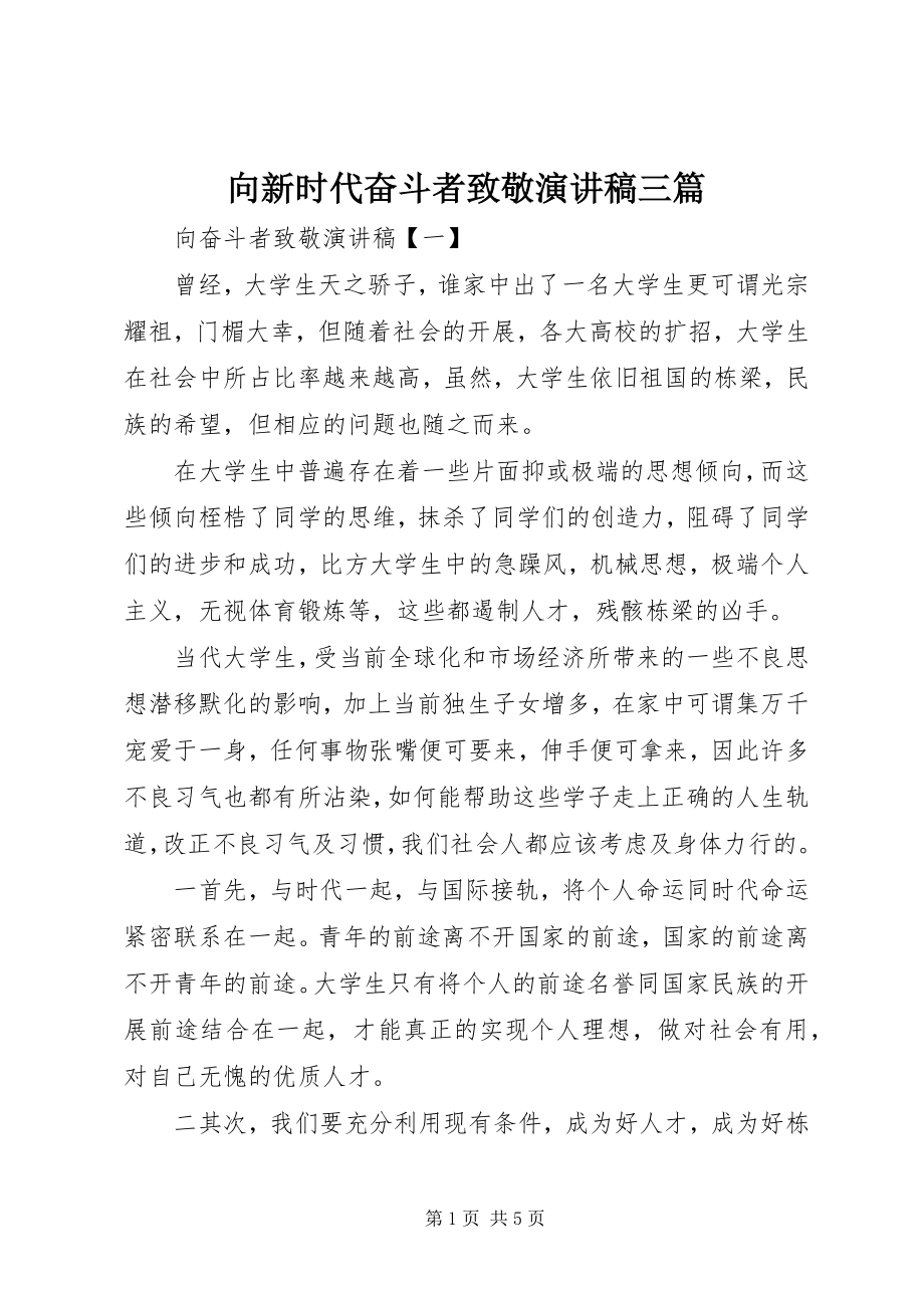 2023年向新时代奋斗者致敬演讲稿三篇.docx_第1页