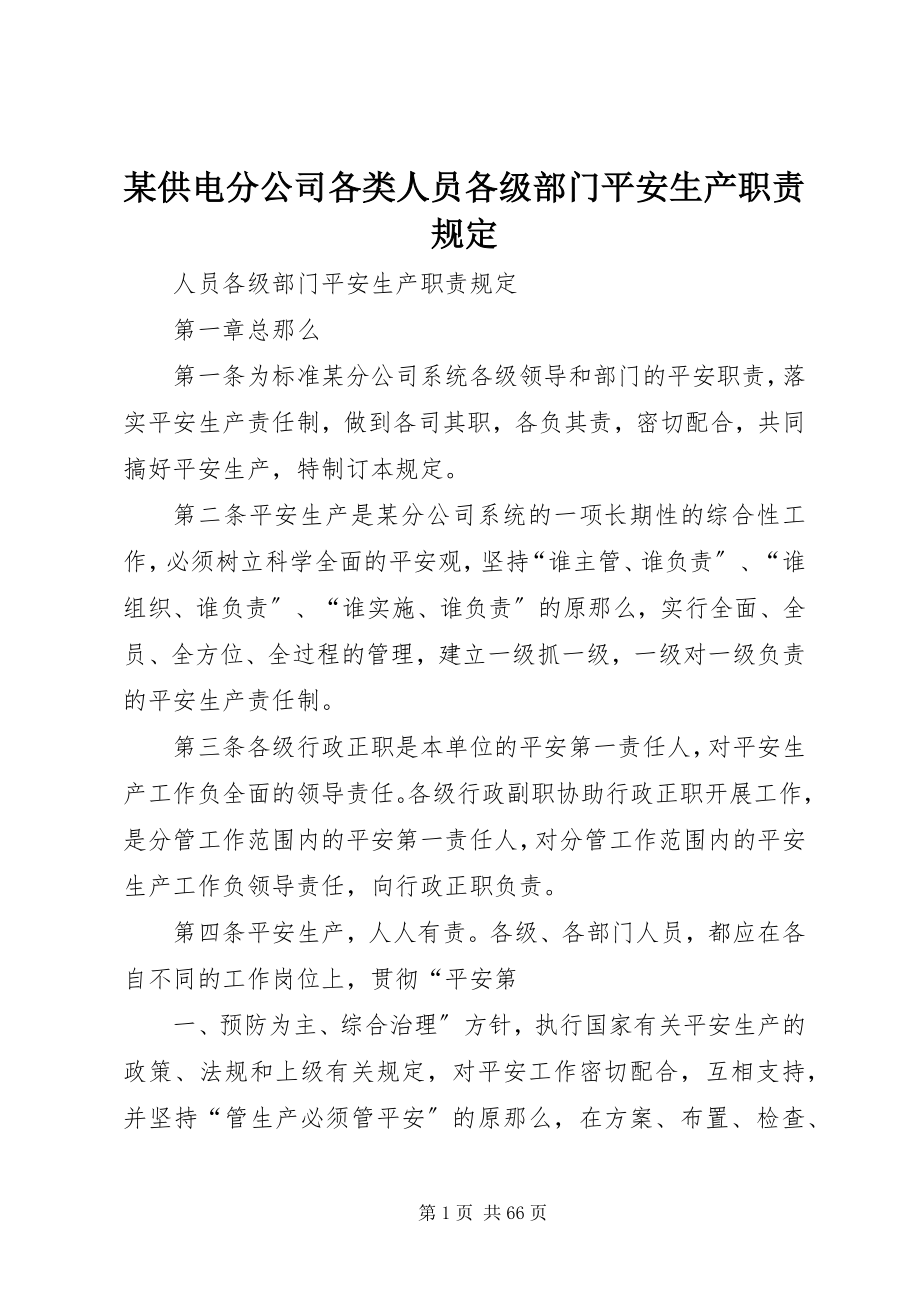 2023年某供电分公司各类人员各级部门安全生产职责规定.docx_第1页