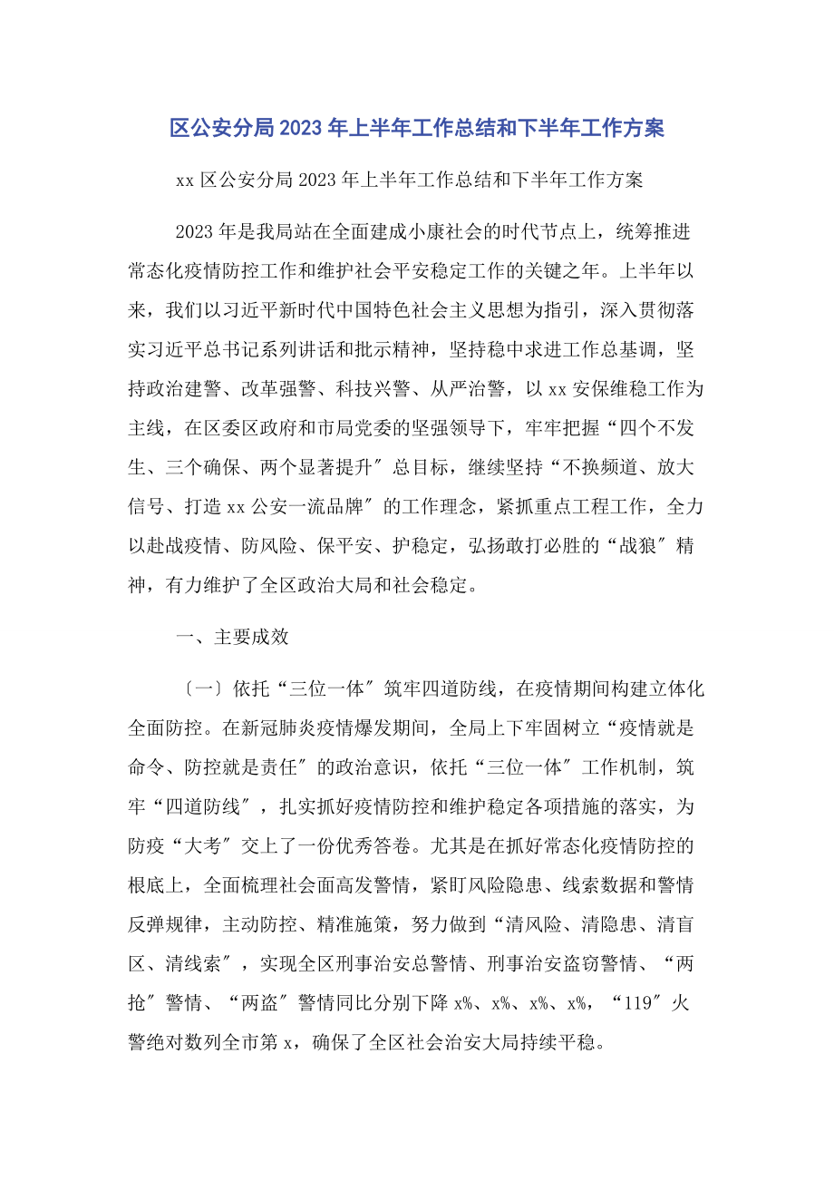 2023年区公安分局上半年工作总结和下半年工作计划.docx_第1页