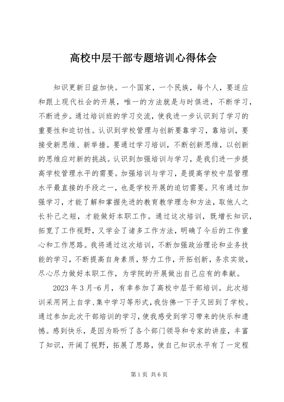 2023年高校中层干部专题培训心得体会.docx_第1页