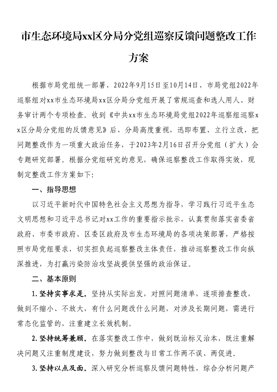 市生态环境局xx区分局分党组巡察反馈问题整改工作方案 .docx_第1页