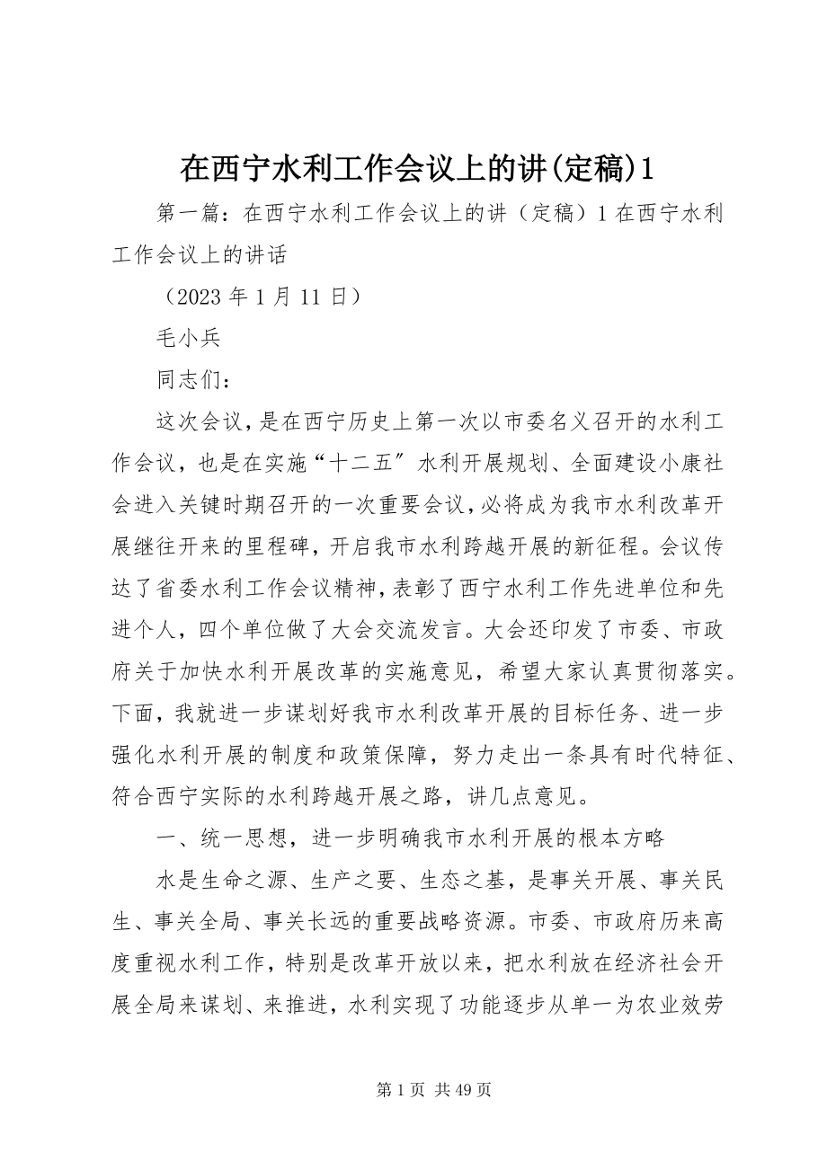 2023年在西宁水利工作会议上的讲1.docx_第1页