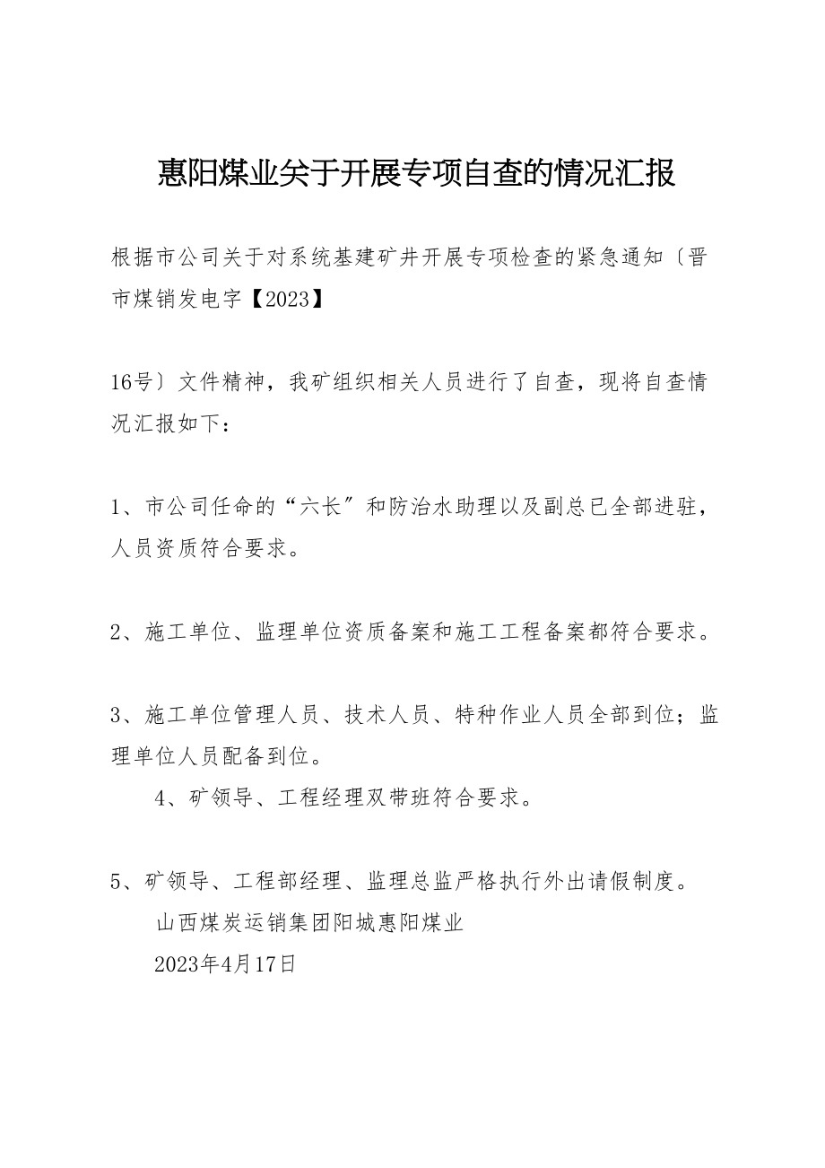 2023年惠阳煤业关于开展专项自查的情况汇报.doc_第1页