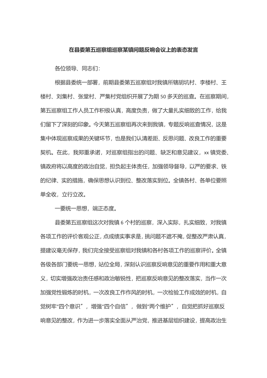 在县委第五巡察组巡察xx镇问题反馈会议上的表态发言范文.docx_第1页