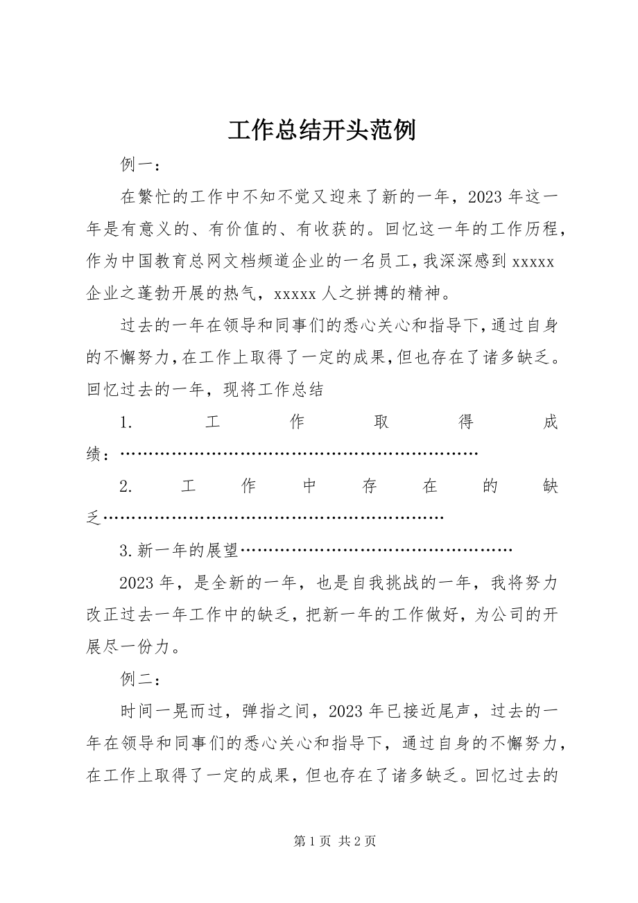 2023年工作总结开头精选范例.docx_第1页