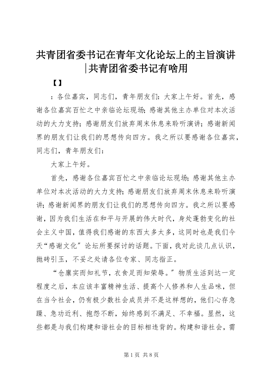 2023年共青团省委书记在青年文化论坛上的主旨演讲共青团省委书记有啥用.docx_第1页