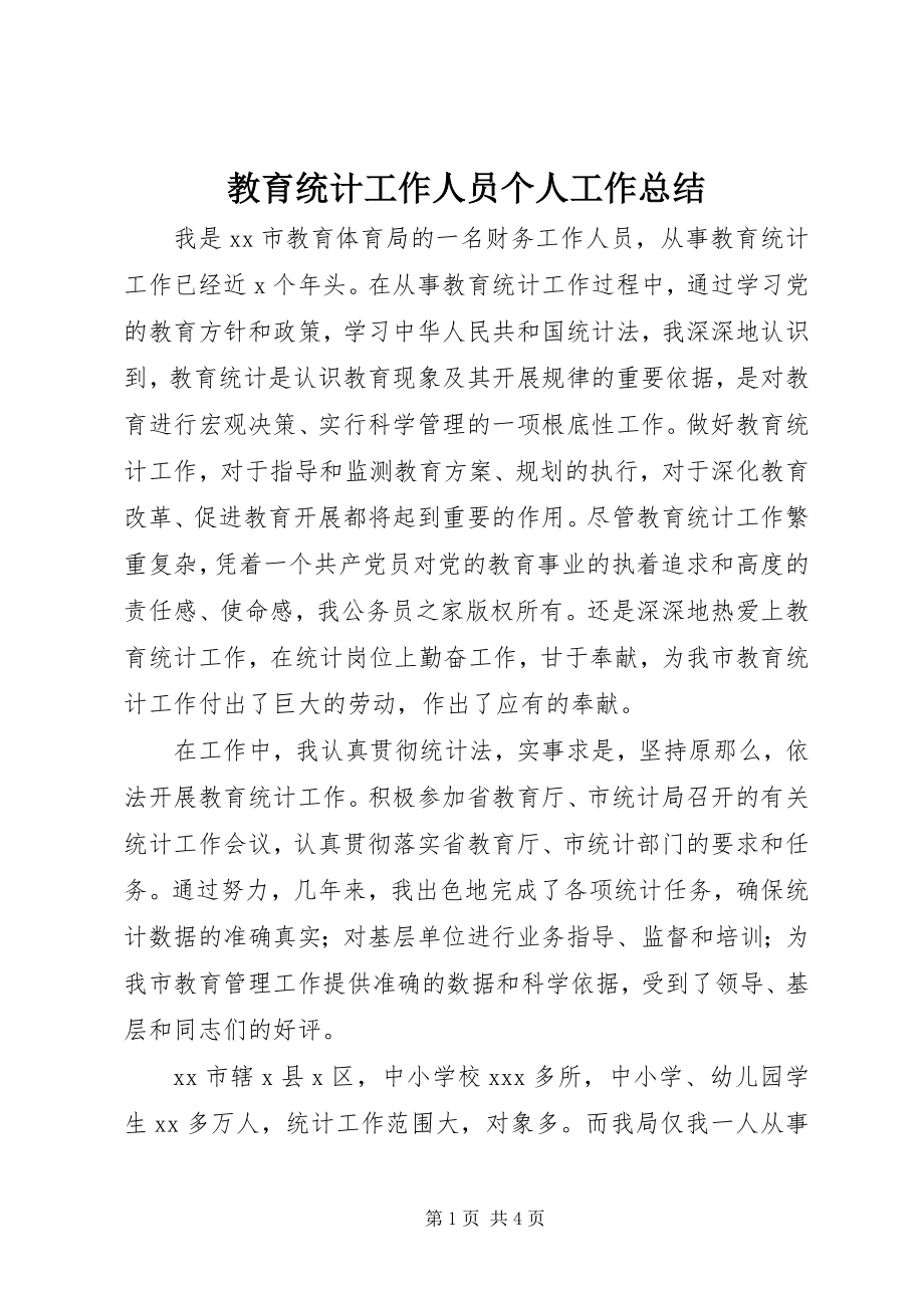 2023年教育统计工作人员个人工作总结.docx_第1页