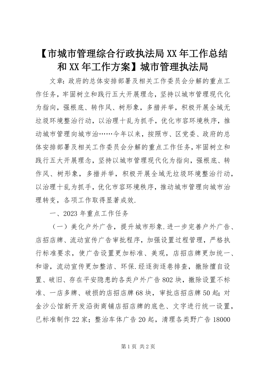 2023年市城市管理综合行政执法局工作总结和工作计划城市管理执法局新编.docx_第1页