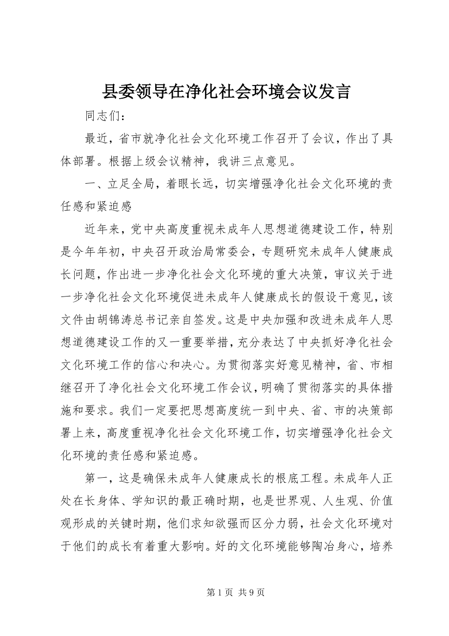 2023年县委领导在净化社会环境会议讲话.docx_第1页