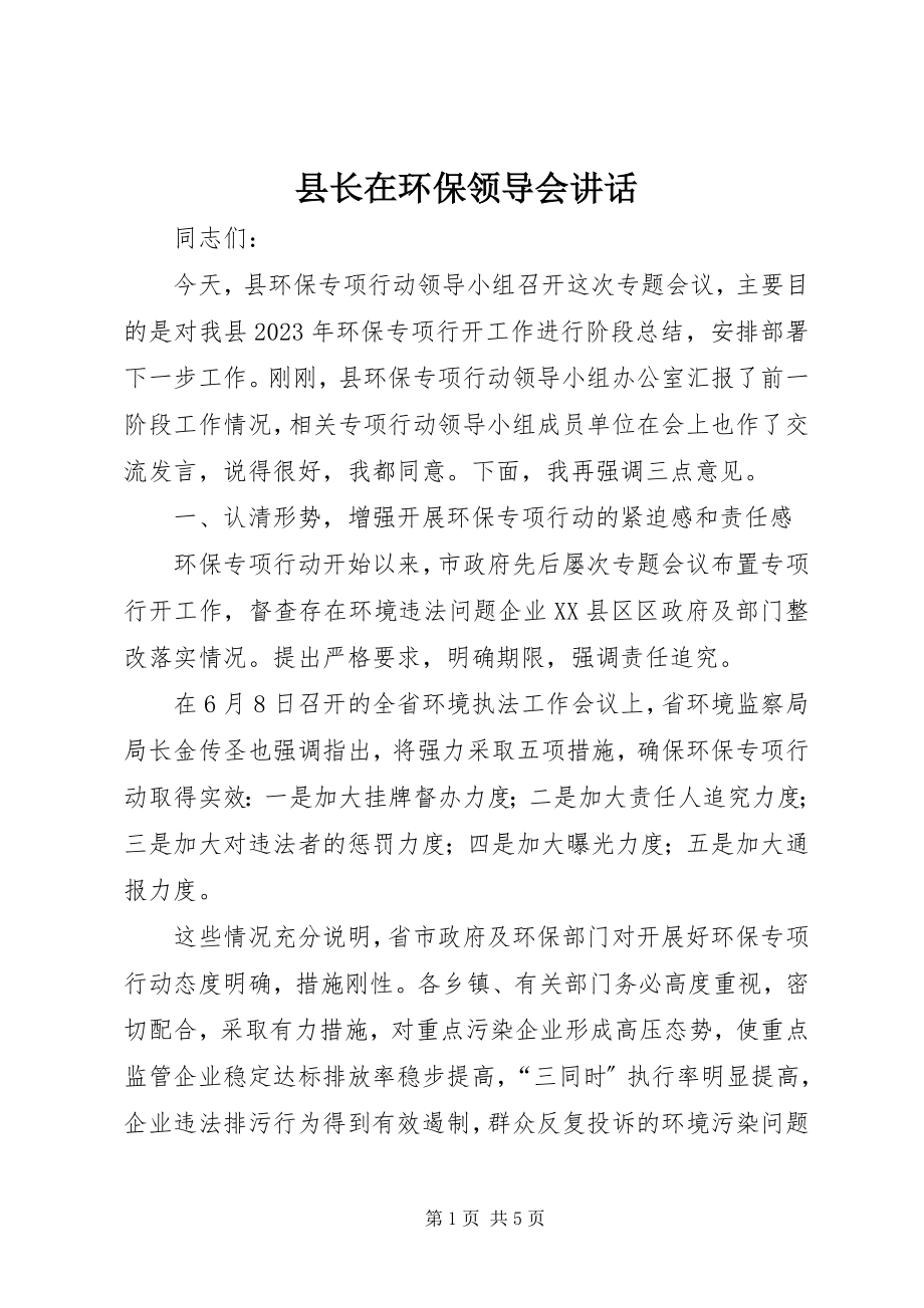 2023年县长在环保领导会致辞.docx_第1页