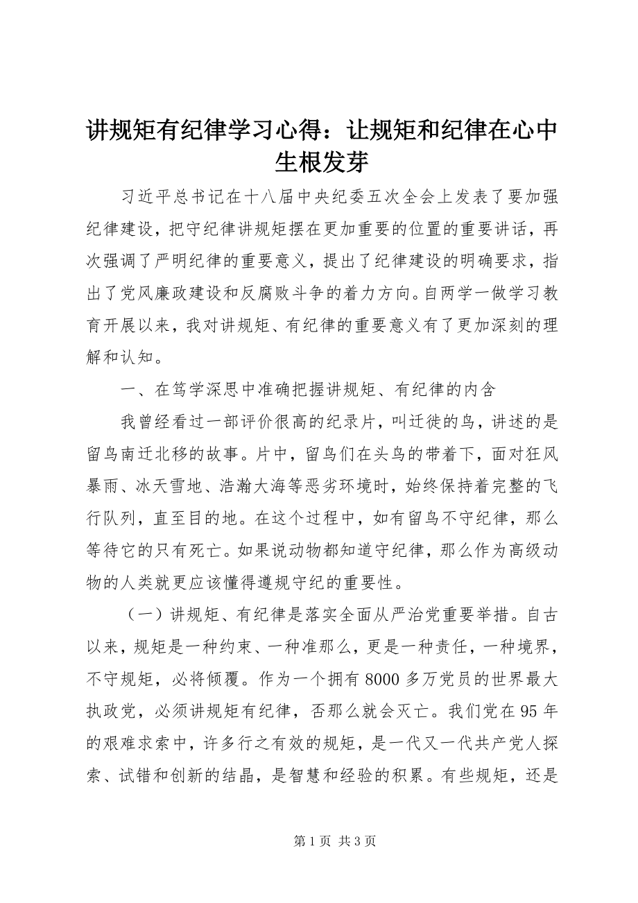 2023年讲规矩有纪律学习心得让规矩和纪律在心中生根发芽.docx_第1页