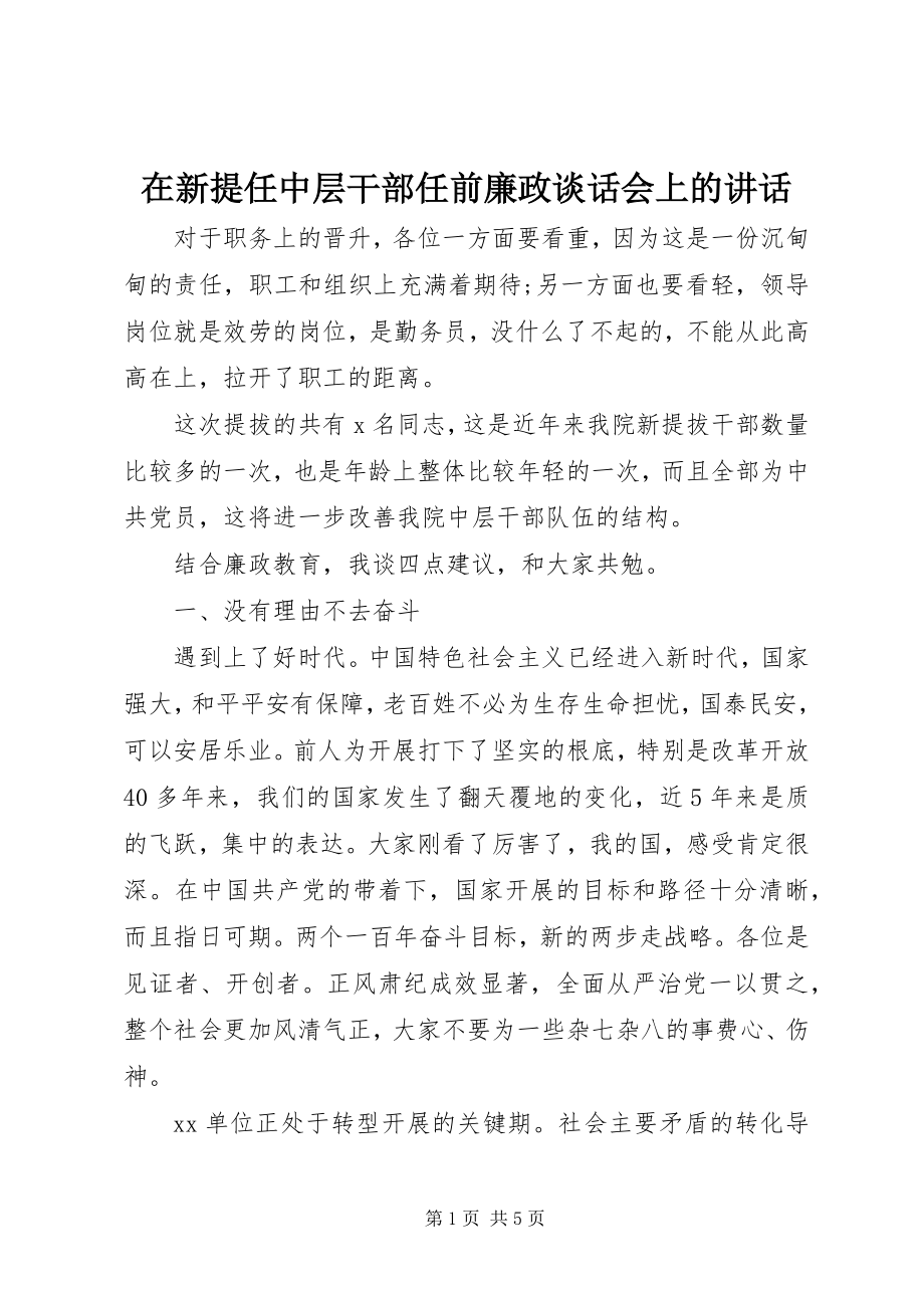 2023年在新提任中层干部任前廉政谈话会上的致辞.docx_第1页