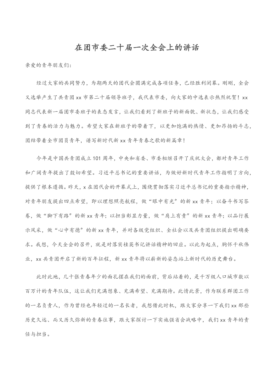 2023年在团市委二十届一次全会上的讲话.docx_第1页