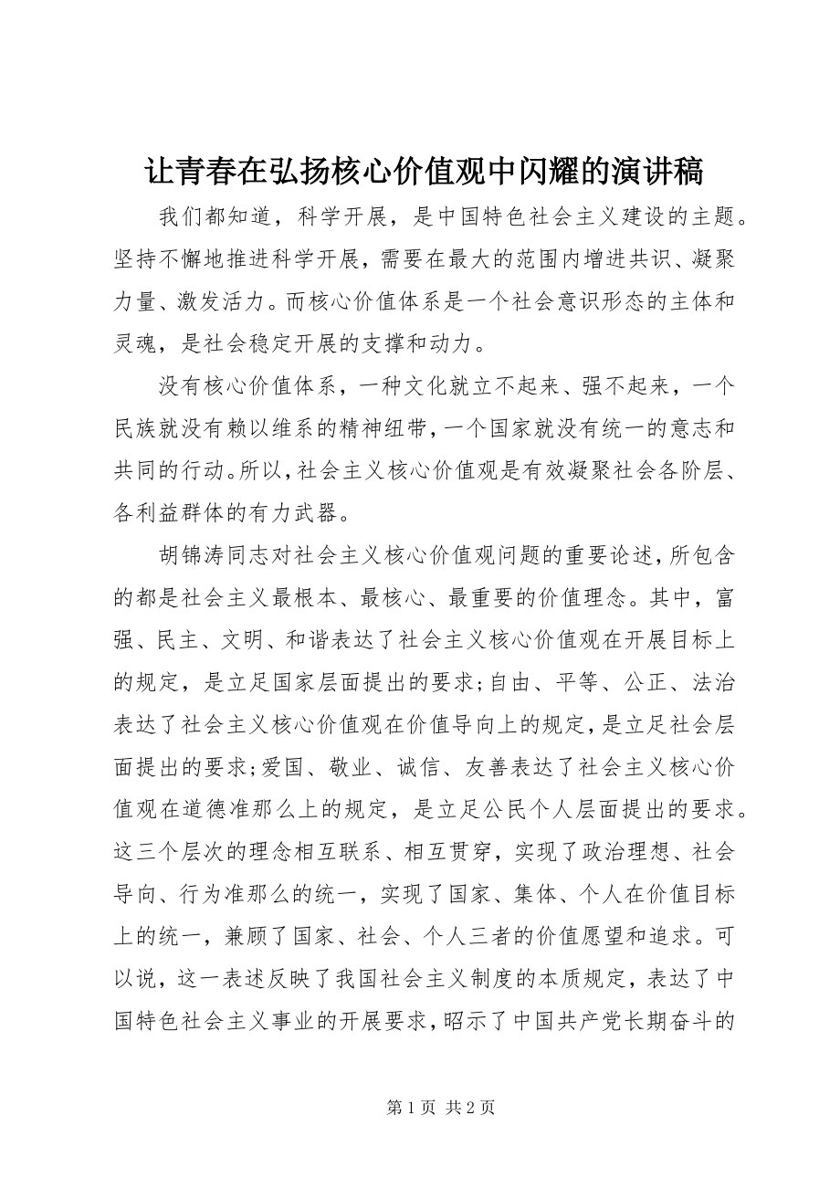 2023年让青春在弘扬核心价值观中闪耀的演讲稿.docx_第1页