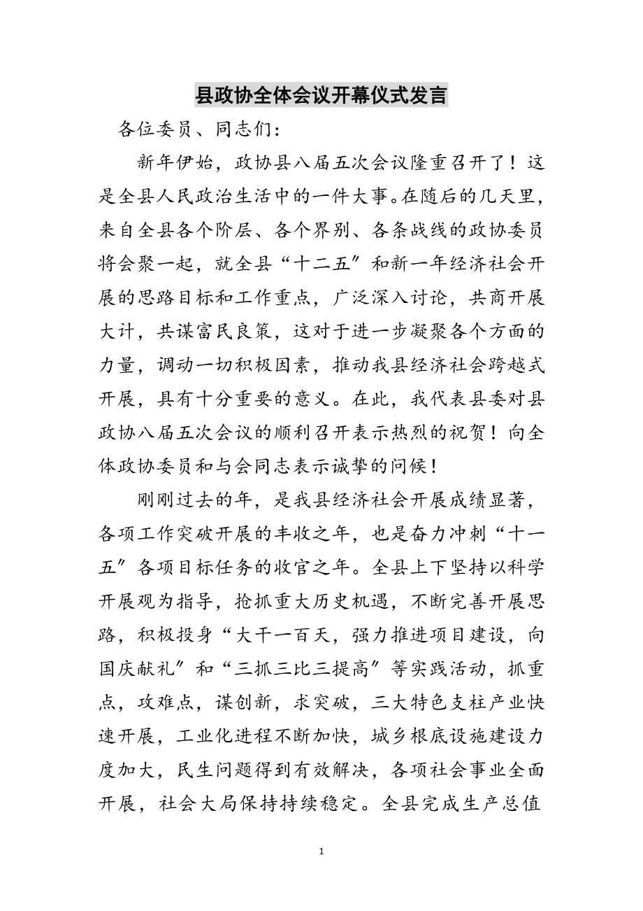 2023年县政协全体会议开幕仪式发言范文.doc_第1页