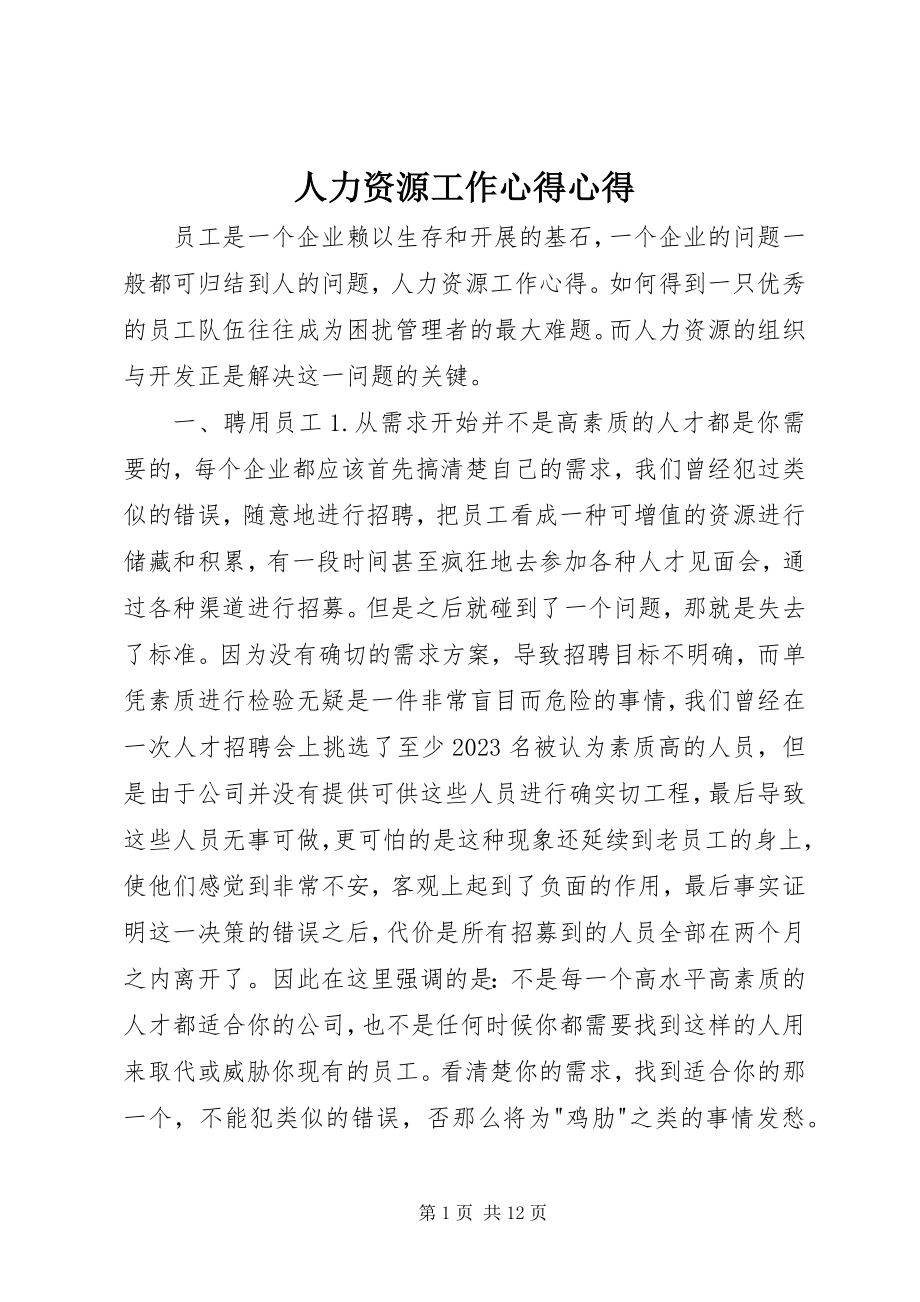 2023年人力资源工作心得心得.docx_第1页