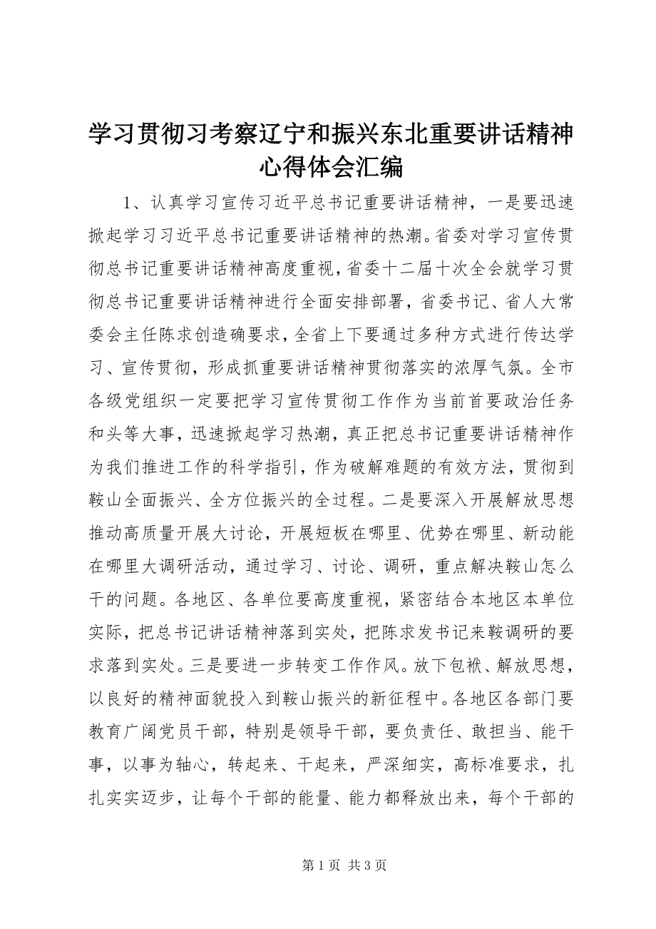 2023年学习贯彻习考察辽宁和振兴东北重要致辞精神心得体会汇编.docx_第1页