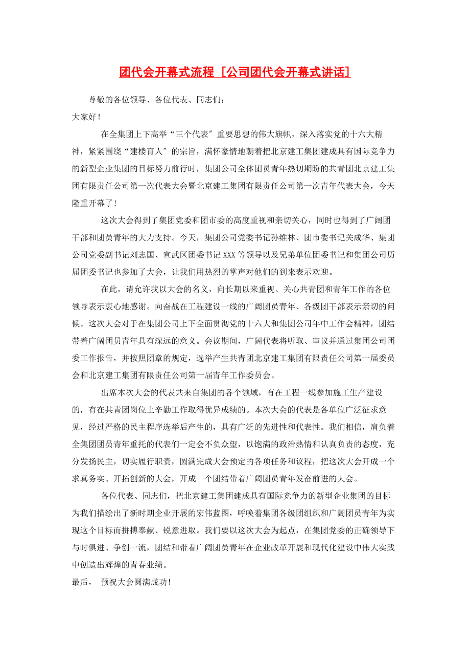 2023年团代会开幕式流程公司团代会开幕式讲话.docx_第1页