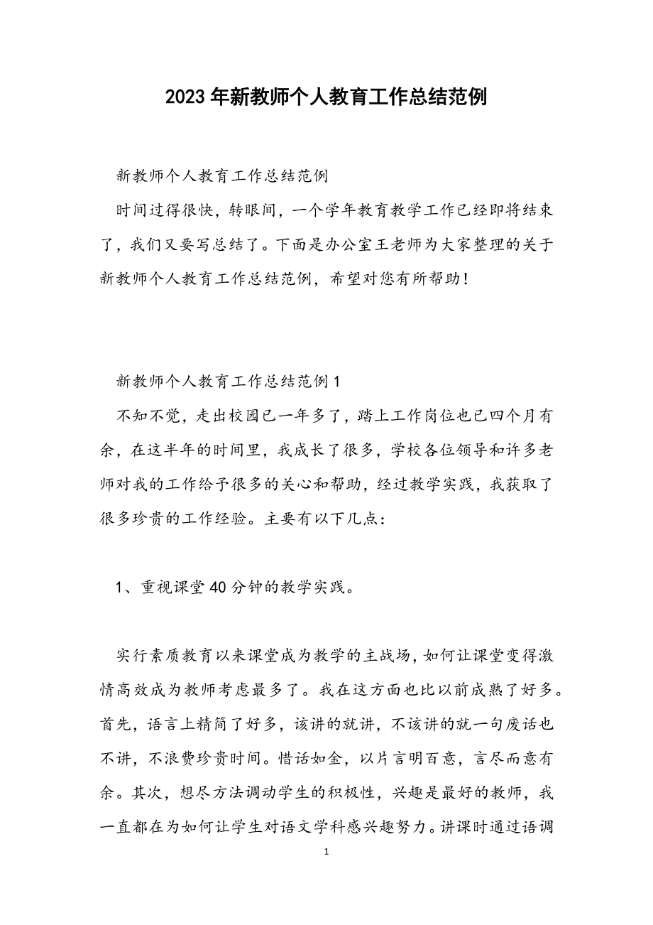 2023年新教师个人教育工作总结范例.docx_第1页