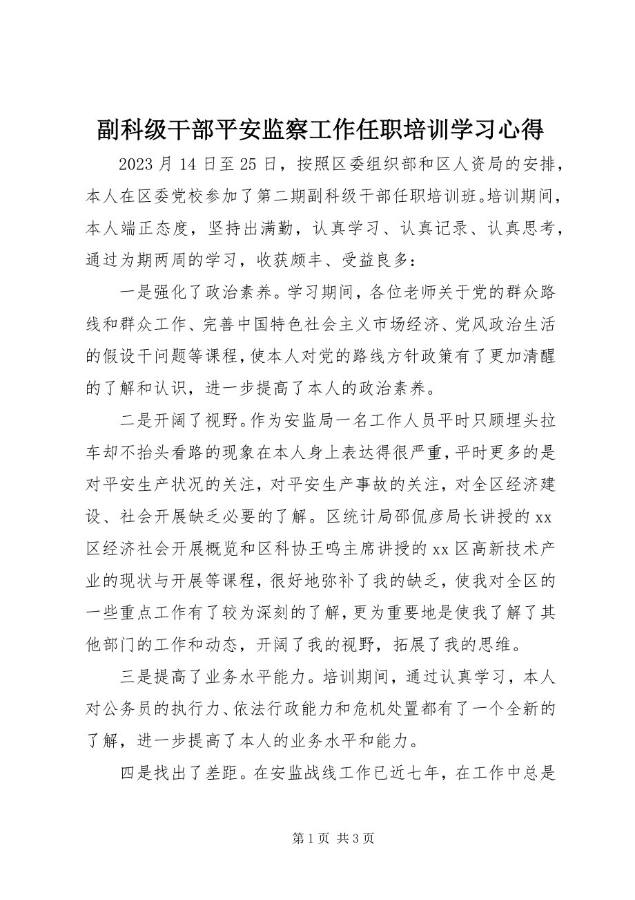 2023年副科级干部安全监察工作任职培训学习心得.docx_第1页