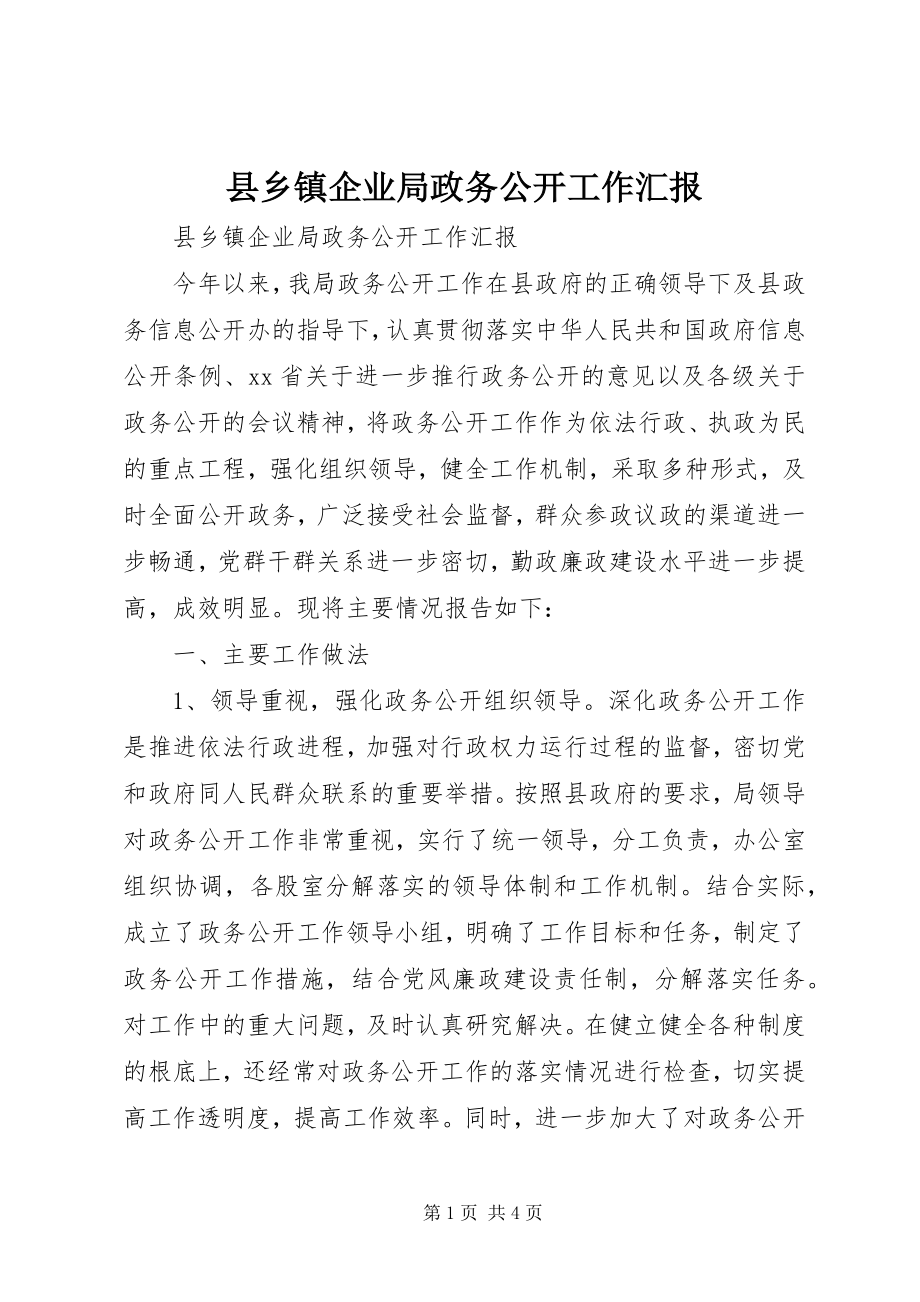 2023年县乡镇企业局政务公开工作汇报.docx_第1页