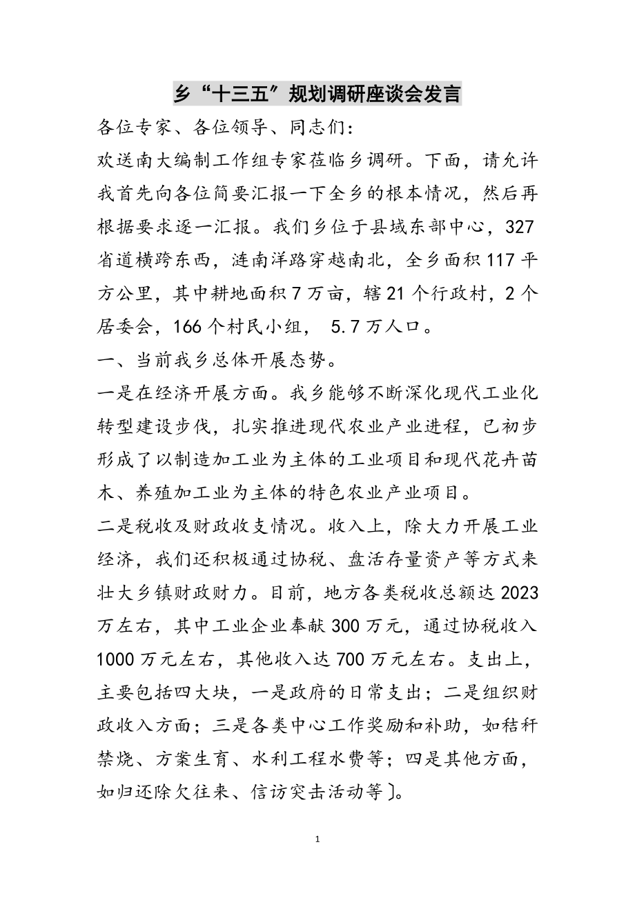 2023年乡“十三五”规划调研座谈会发言范文.doc_第1页