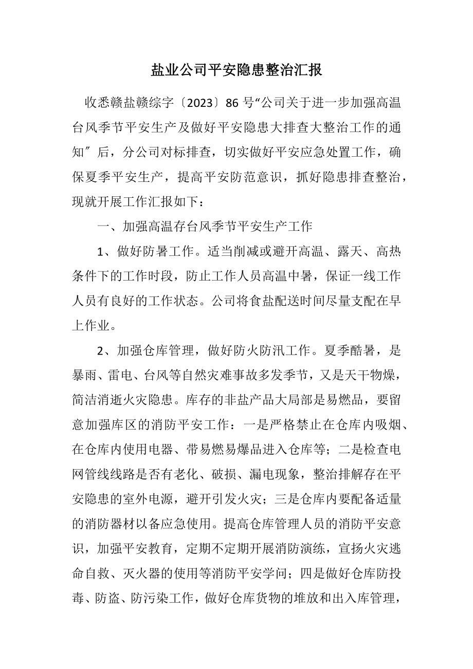 2023年盐业公司安全隐患整治汇报.docx_第1页