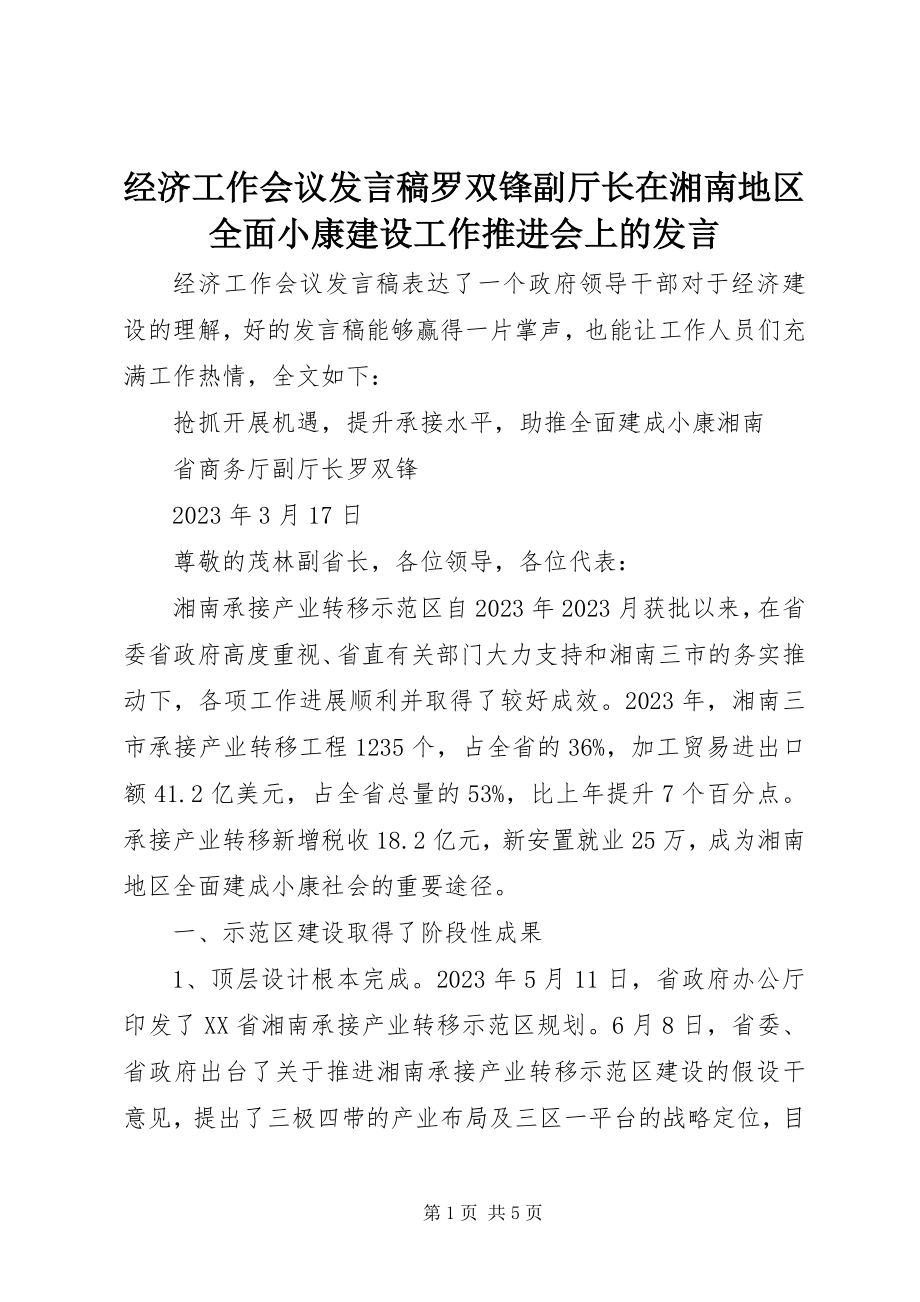 2023年经济工作会议讲话稿罗双锋副厅长在湘南地区全面小康建设工作推进会上的讲话.docx_第1页