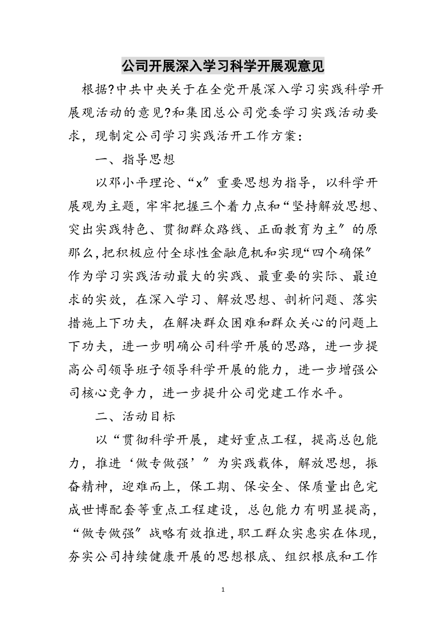 2023年公司开展深入学习科学发展观意见范文.doc_第1页