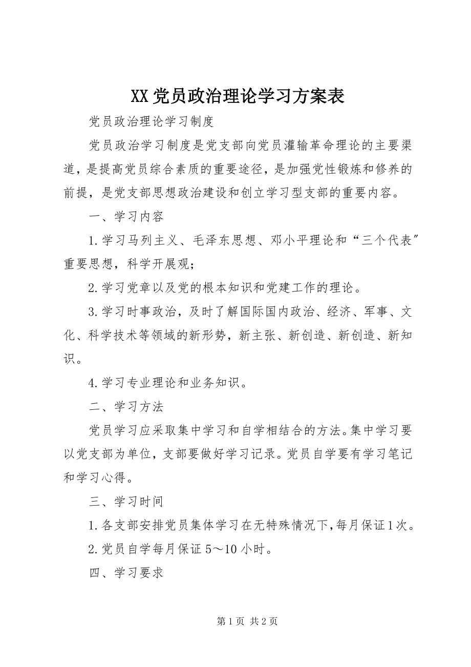 2023年XX党员政治理论学习计划表.docx_第1页