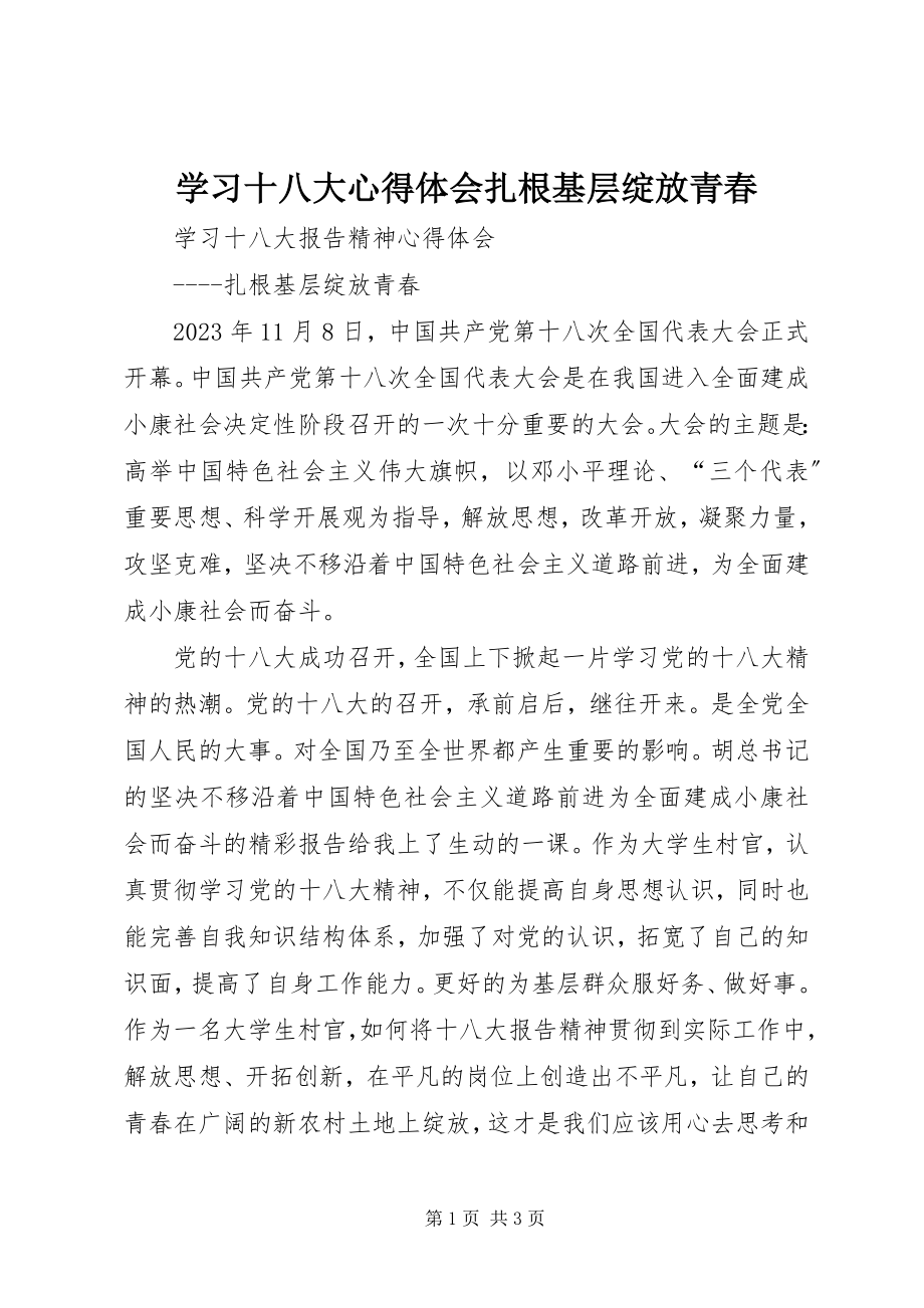 2023年学习十八大心得体会扎根基层绽放青春.docx_第1页