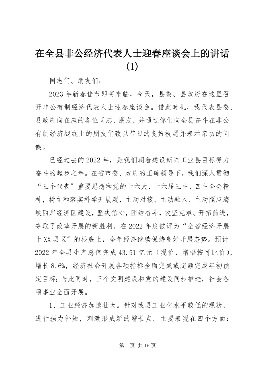 2023年在全县非公经济代表人士迎春座谈会上的致辞1.docx_第1页