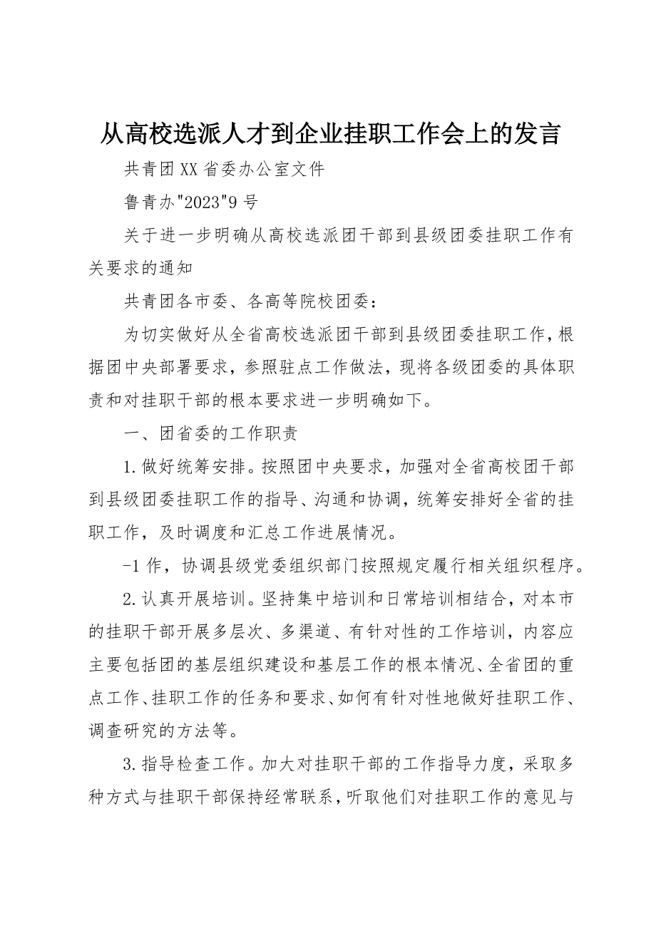 2023年从高校选派人才到企业挂职工作会上的讲话.docx_第1页